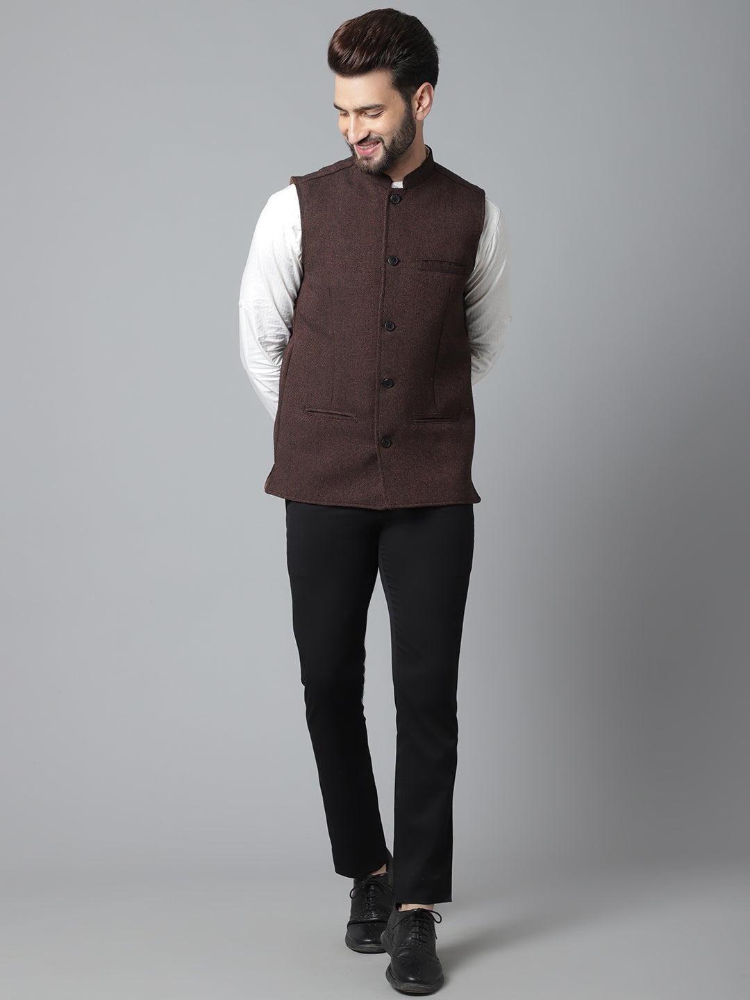 Even Apparels Men's Brown Nehru Jacket With Welt Pockets | Grocsy