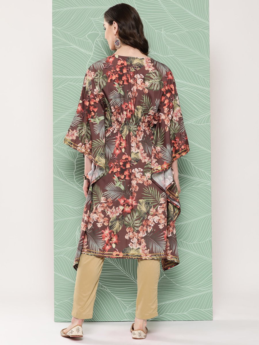 Ahalyaa Women Floral Printed Flared Sleeves Gotta Patti Crepe Kaftan Kurta | Grocsy