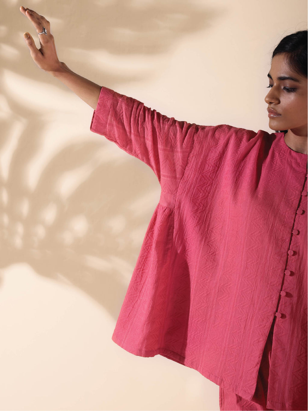 trueBrowns Pink Cotton Dobby Oversized Co-ord Set | Grocsy