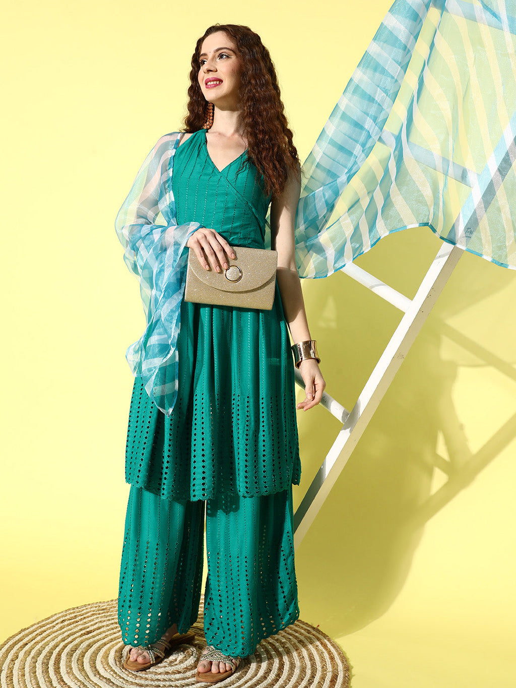 InWeave Women's Teal Lace Work Backless Kurta Sharara Set With Lehariya Dupatta | Grocsy