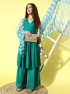 InWeave Women's Teal Lace Work Backless Kurta Sharara Set With Lehariya Dupatta | Grocsy
