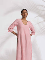 trueBrowns Red Cotton Stripe Straight Kurta Set | Grocsy
