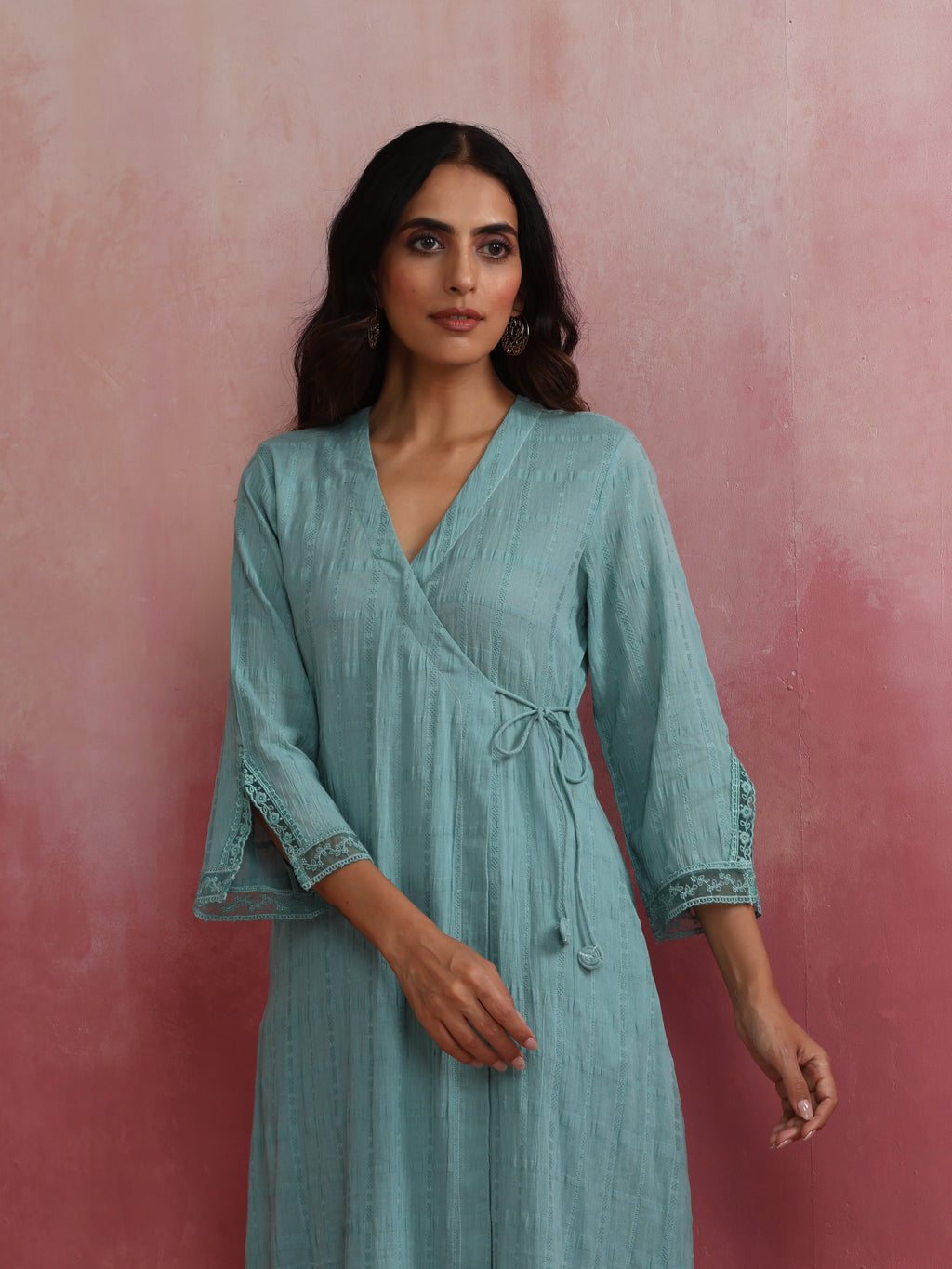 trueBrowns Aqua Blue Cotton Dobby Angrakha Kurta Set | Grocsy