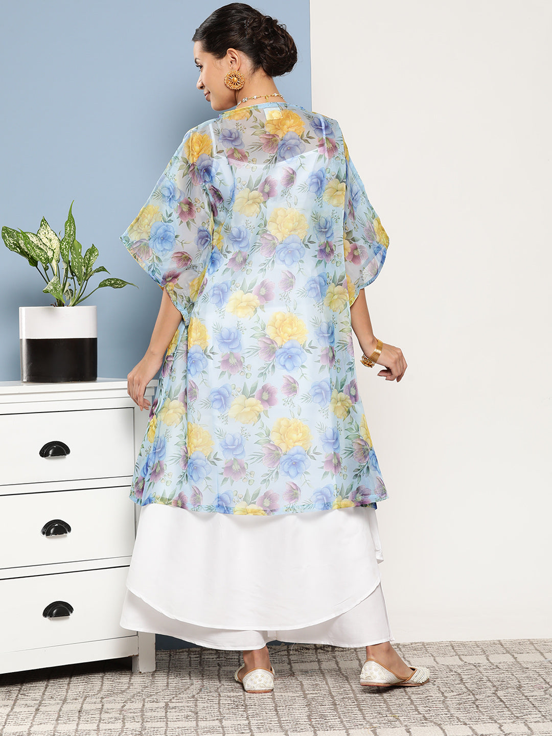 InWeave Women's Cream Strappy With Blue Floral Print Cape | Grocsy