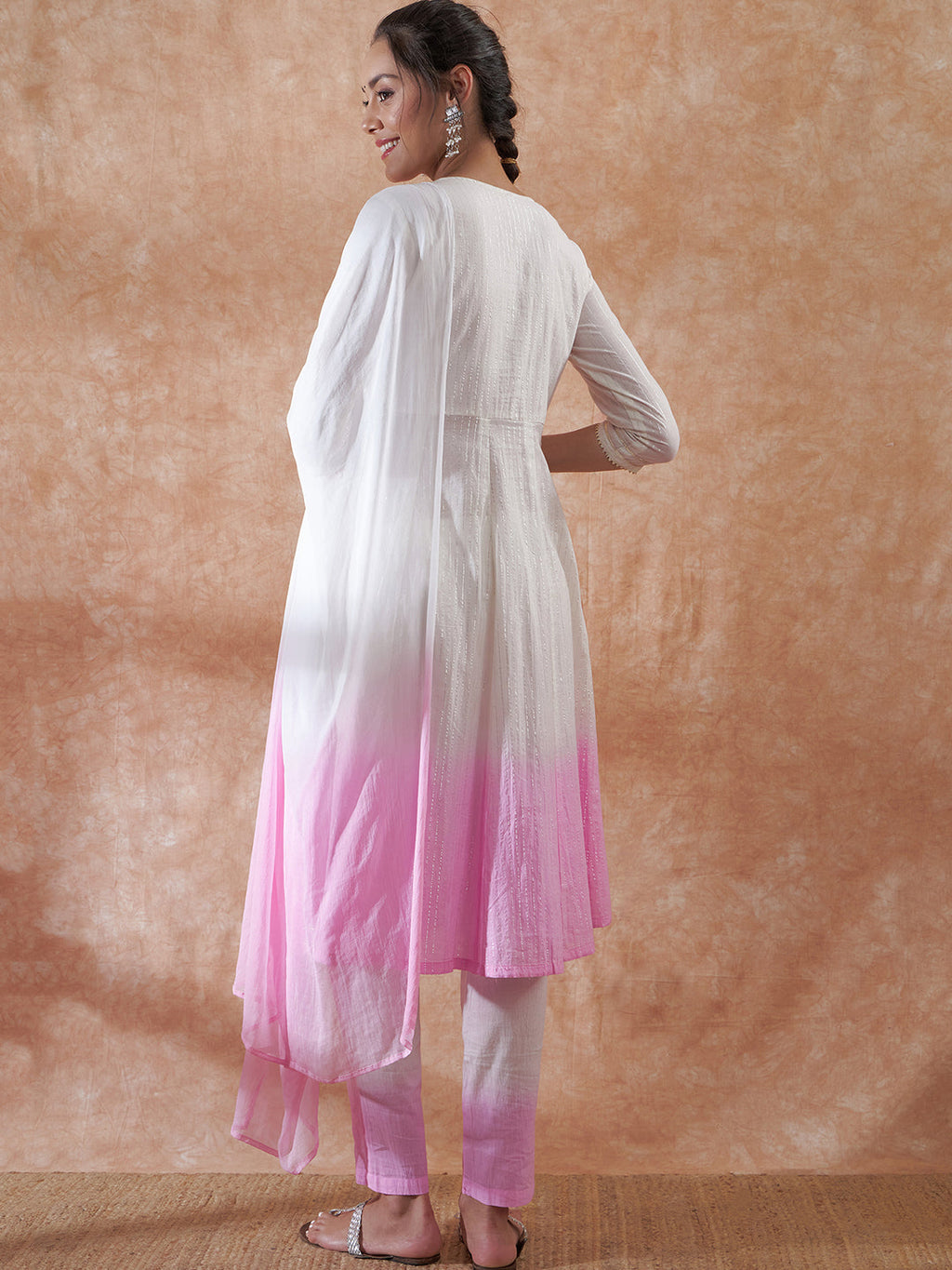 InWeave Women's White Lurex Pink Dye Patch Gota Anarkali Kurta Set W Dupatta | Grocsy