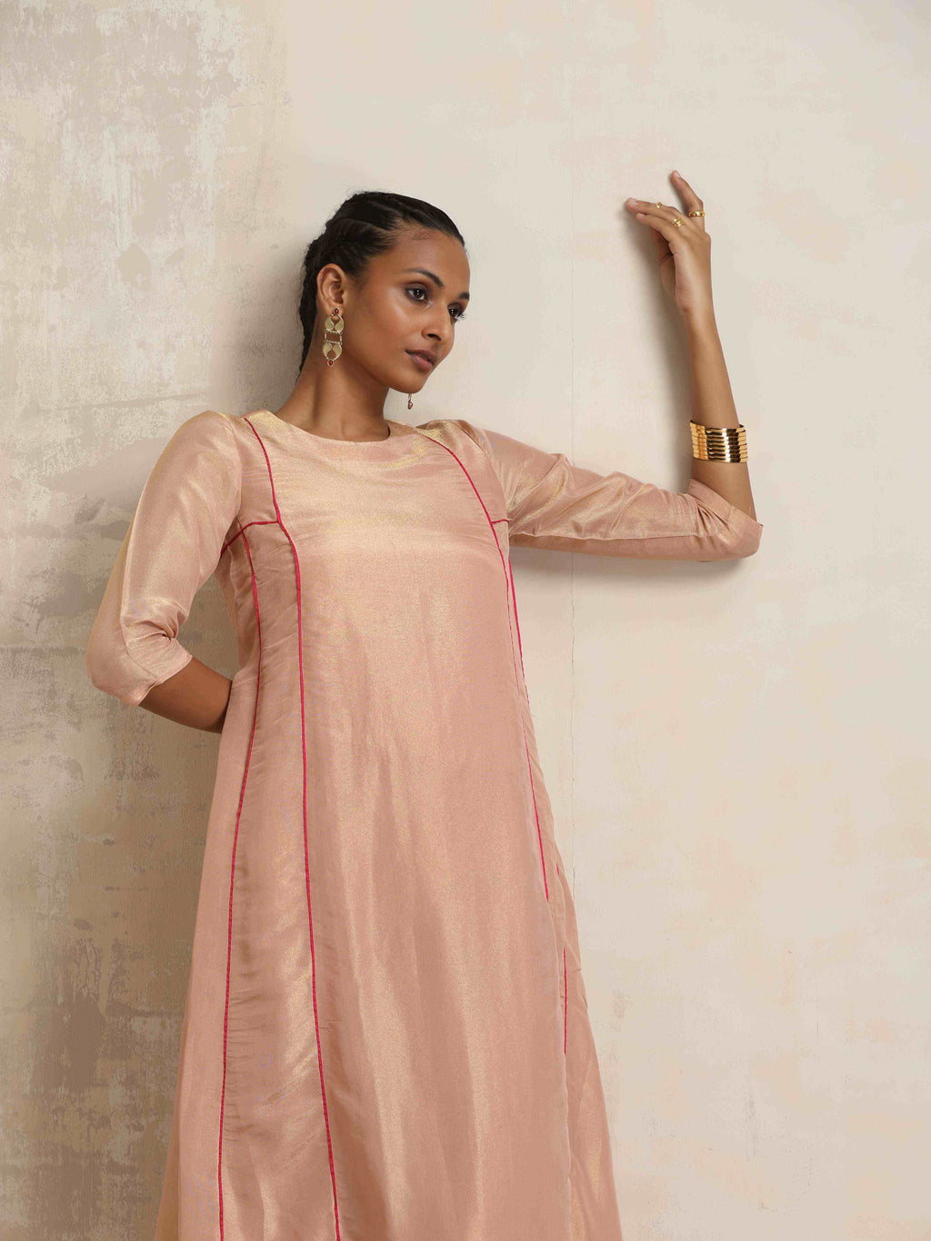 trueBrowns Blush Pink Tissue A-line Kurta Set | Grocsy