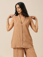 trueBrowns Beige Slub Texture Sleevesless Jacket Pant Set | Grocsy