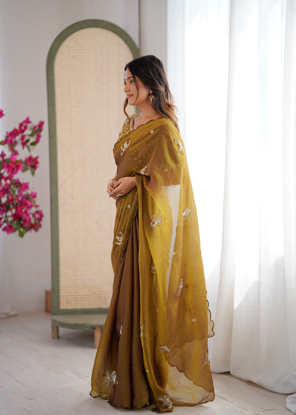 Evanik Mehendi Mos Silk With Handwork Butterfly Design Saree With Unstitched Blouse | Grocsy
