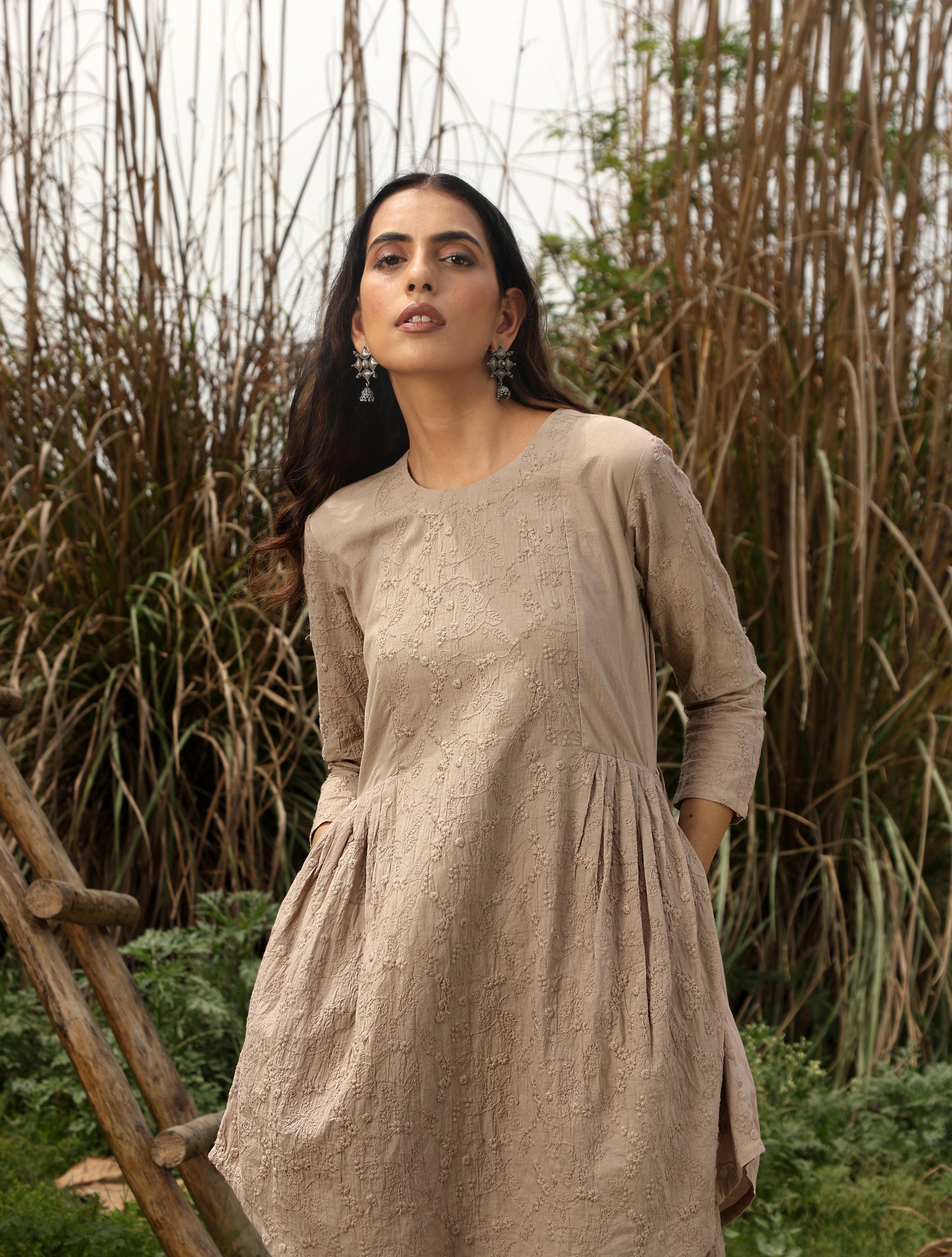 trueBrowns Khaki Cotton Embroidered Co-ord Set | Grocsy