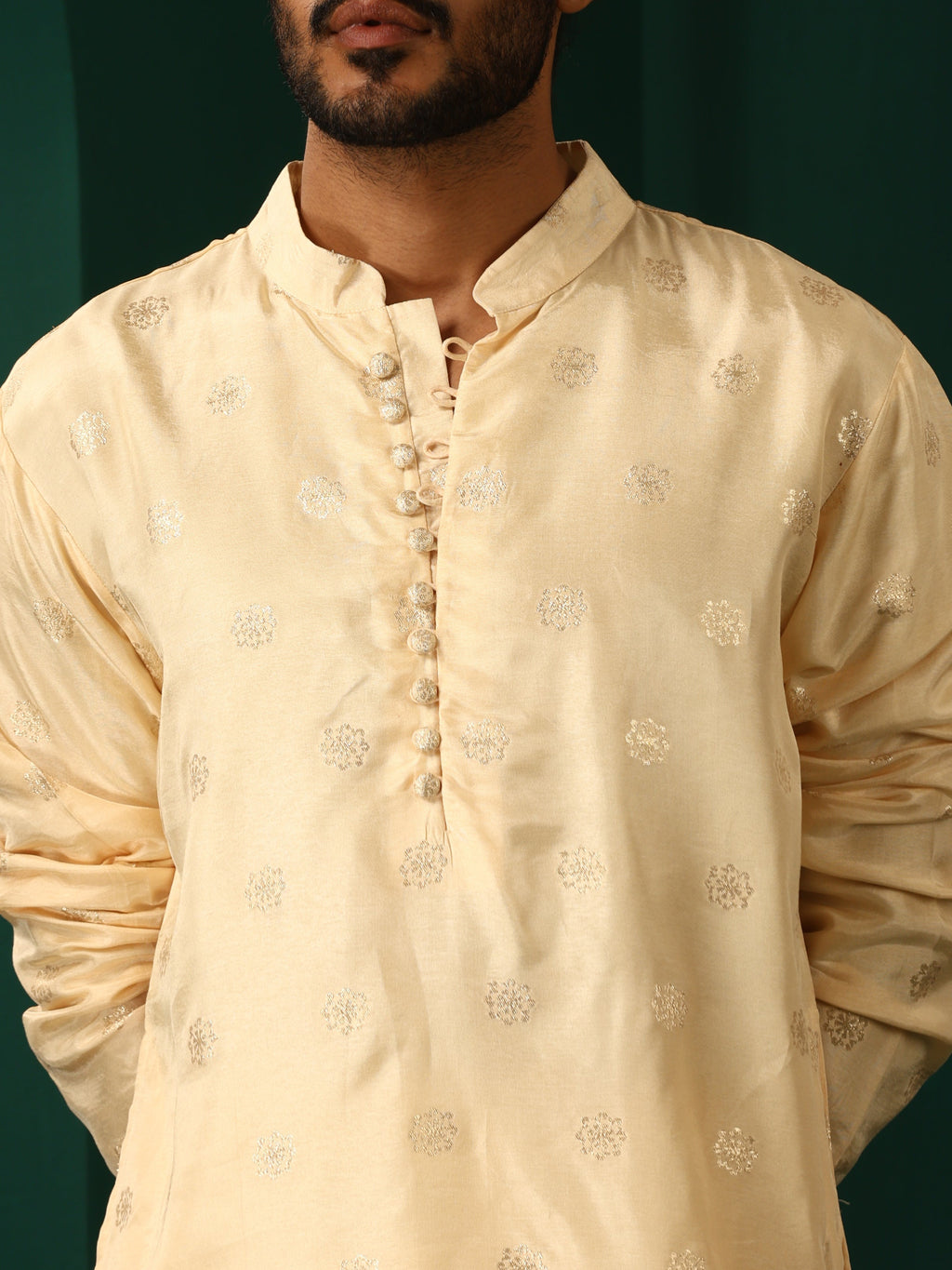trueBrowns Men's Ivory Geometric Floral Viscose Silk Long Kurta | Grocsy