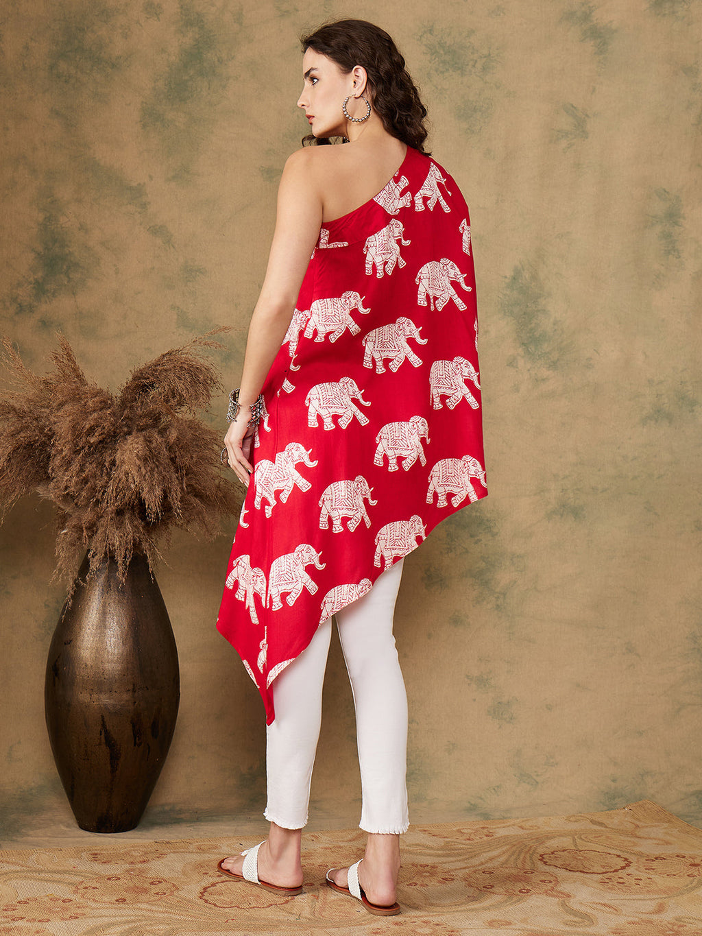 InWeave Women's Red Elephant Print Oneshoulder Top | Grocsy