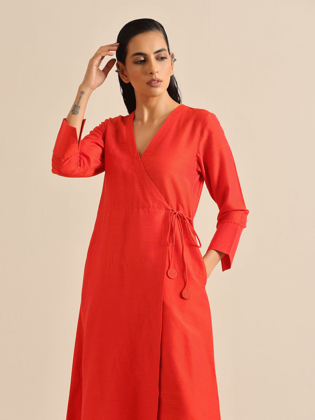 trueBrowns Orange Dupion Blend Angrakha Kurta Pant Set | Grocsy