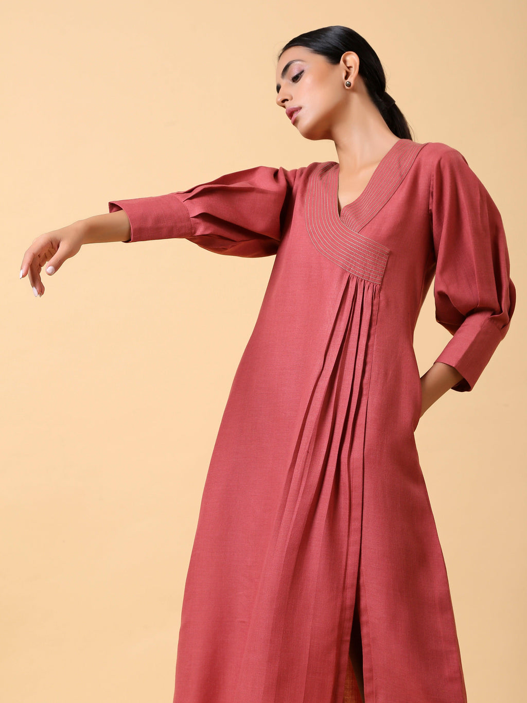 trueBrowns Cotton Linen Rust Red Kurta Pant Set | Grocsy