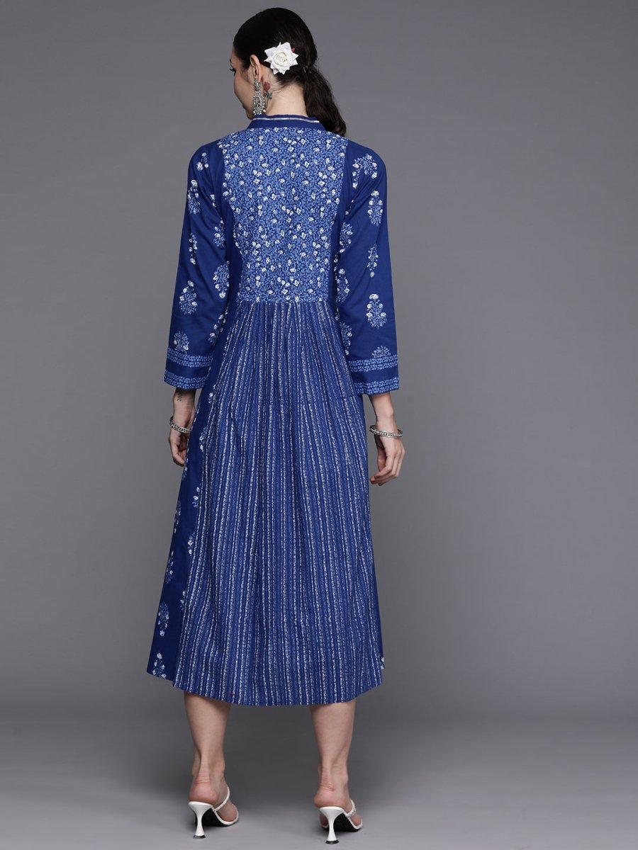 Ahalyaa Floral Print Midi Pure Cotton Ethnic Dress with Lace Inserts Detail | Grocsy