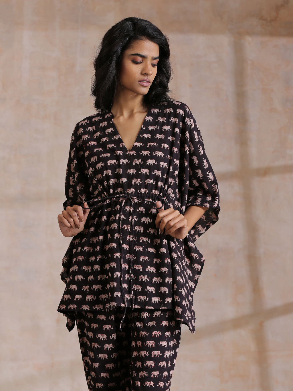 trueBrowns Black Elephant Bagru Print Cotton Kaftan Co-Ord Set | Grocsy