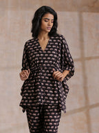 trueBrowns Black Elephant Bagru Print Cotton Kaftan Co-Ord Set | Grocsy