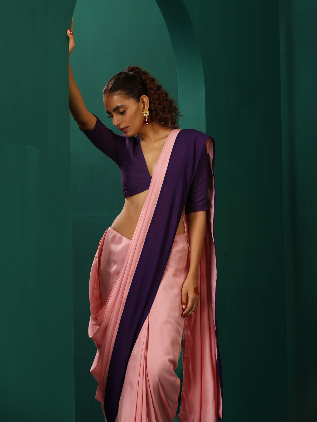 trueBrowns Pink Purple Muslin Silk Ready to Wear Saree | Grocsy