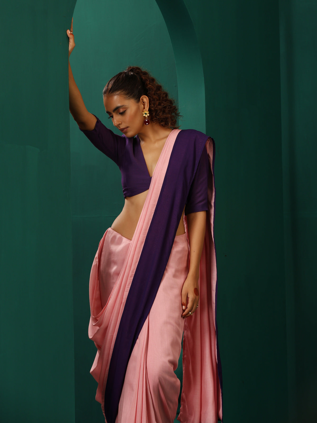 trueBrowns Pink Purple Muslin Silk Ready to Wear Saree | Grocsy