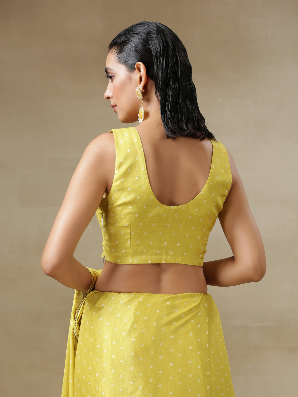 trueBrowns Lime Green Bandhani Printed Silk Sleeveless Blouse | Grocsy
