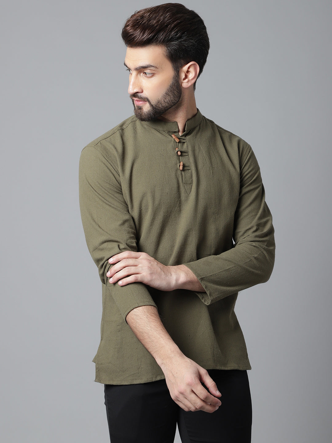 Indian Clothing Even Apparels Green Pure Cotton Kurta With Band Collar | Grocsy