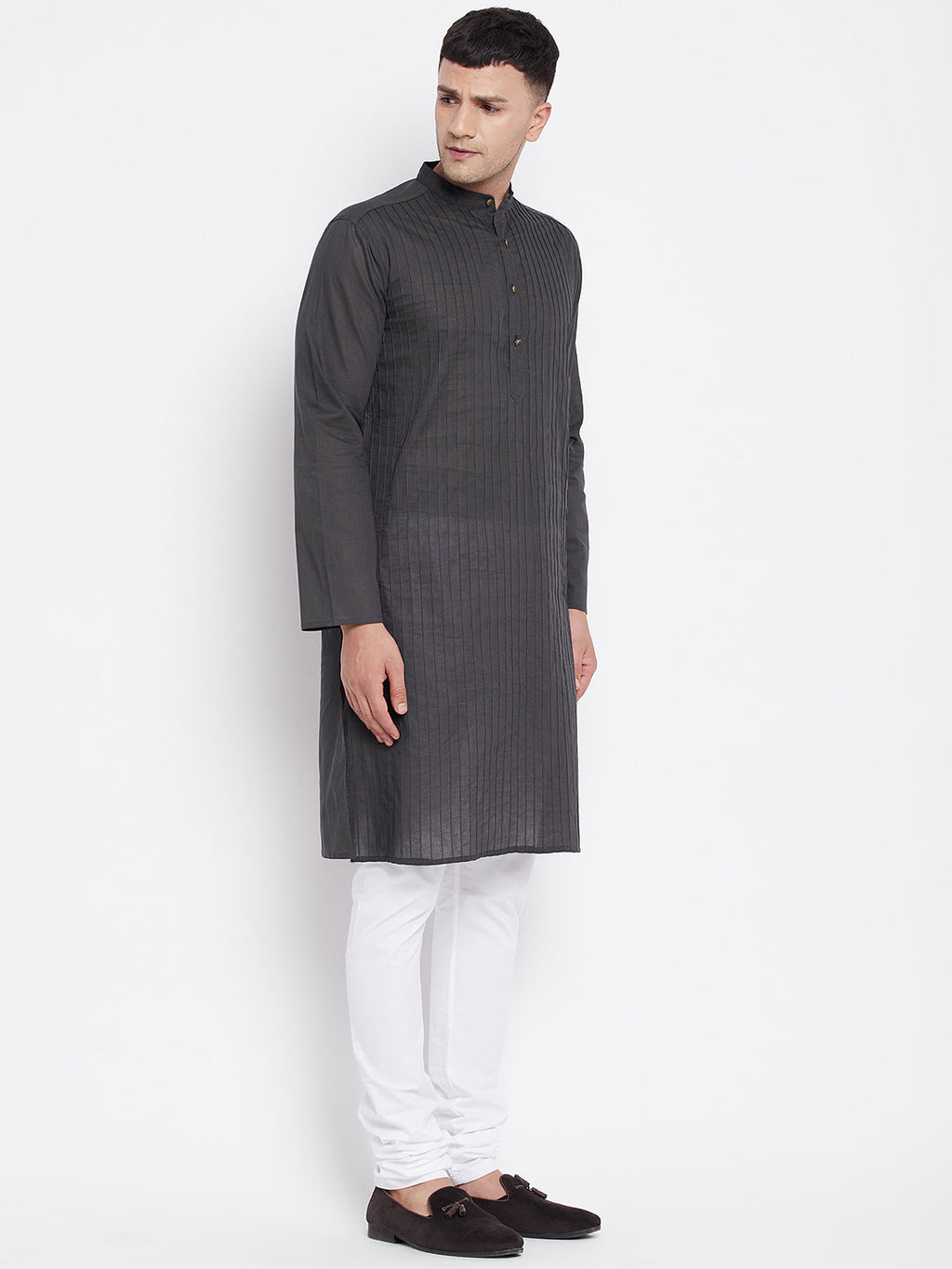 Even Apparels Grey Pure Cotton Kurta With Band Collar | Grocsy