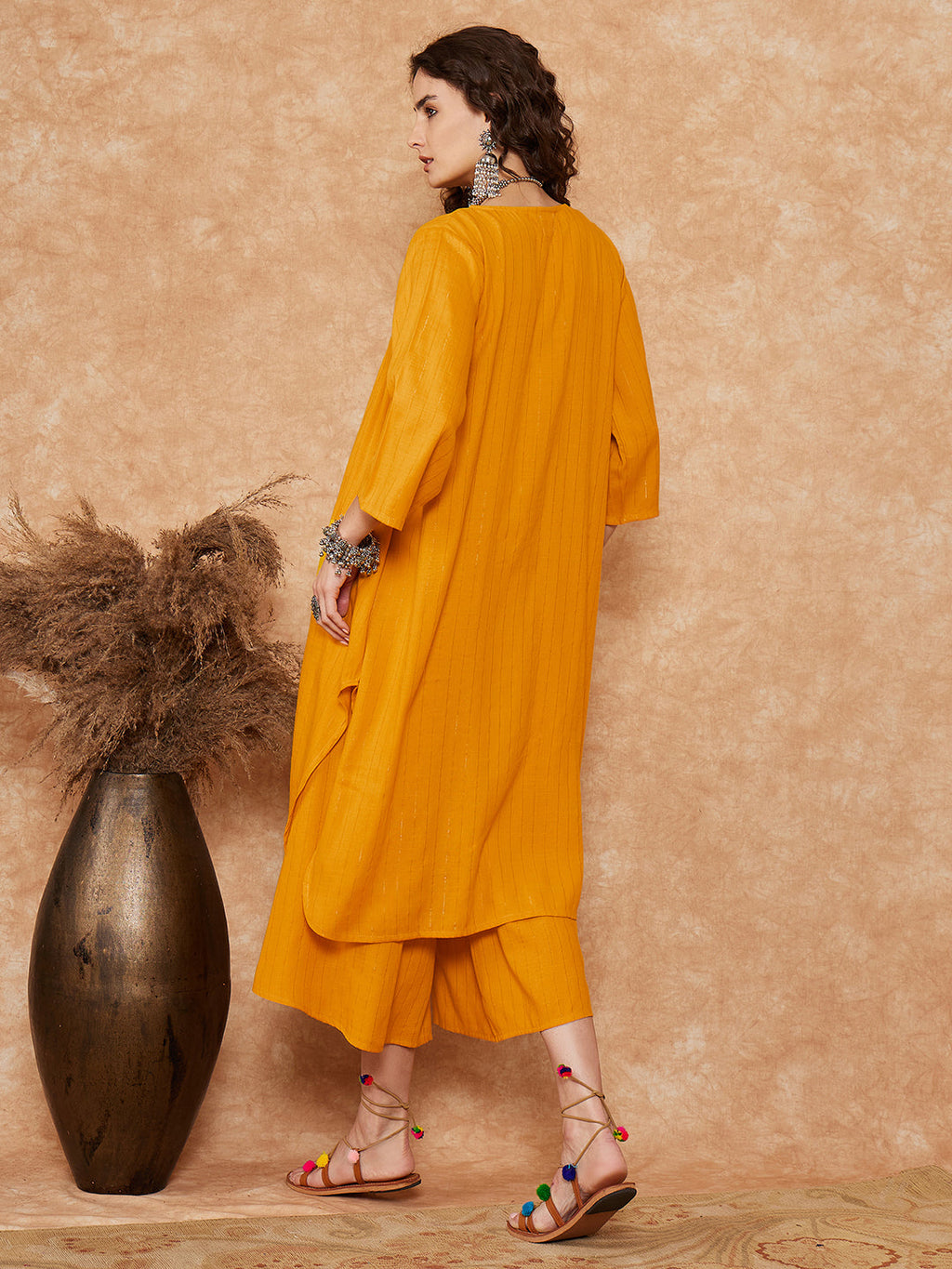 InWeave Women's Mustard Lurex Flared V Neck Kurta Palazzo Set | Grocsy