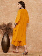 InWeave Women's Mustard Lurex Flared V Neck Kurta Palazzo Set | Grocsy