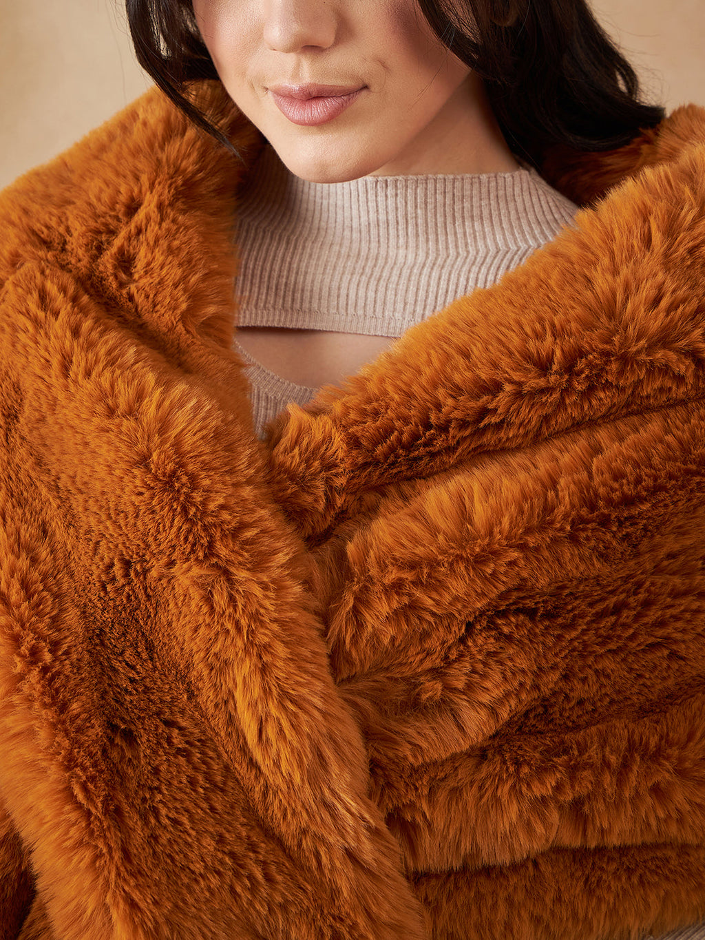 InWeave Women's Carrot Orange Long Faux Fur Cape | Grocsy