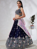 House of Panchhi Navy Blue Georgette Sequins, Mirror And Thread Embroidery Lehenga Choli & Dupatta | Grocsy