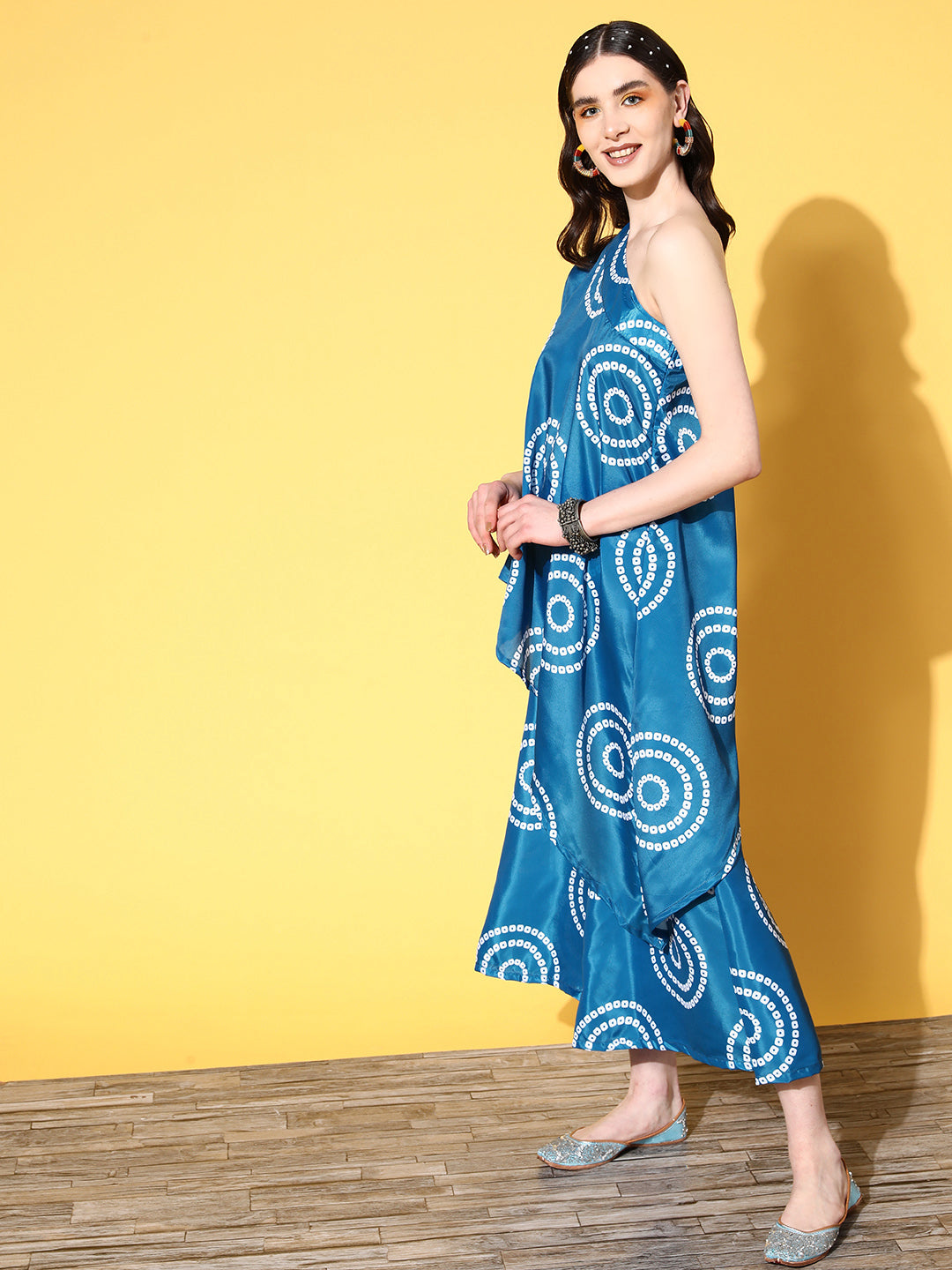InWeave Women's Blue Bandhani Motif One Shoulder Palazzo Set | Grocsy