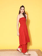 InWeave Women's Red Mirror Work Off Shoulder Kurta Set With Lehriya Dupatta | Grocsy