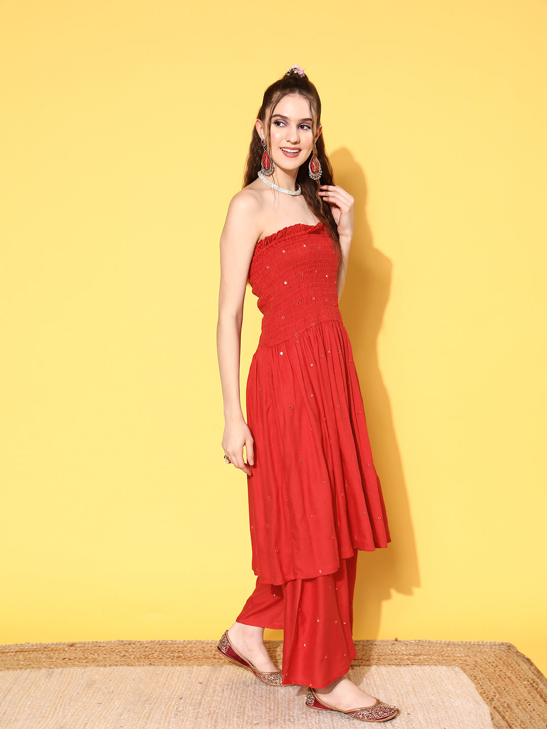 InWeave Women's Red Mirror Work Off Shoulder Kurta Set With Lehriya Dupatta | Grocsy