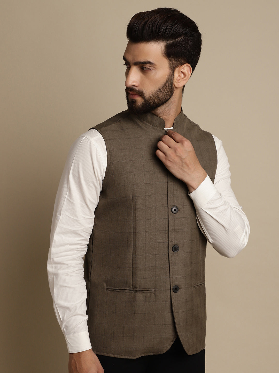 Even Apparels Men's Brown Mandarin Collar Waistcoat | Grocsy