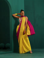 trueBrowns Lime Yellow Pink Muslin Silk Ready to Wear Saree | Grocsy