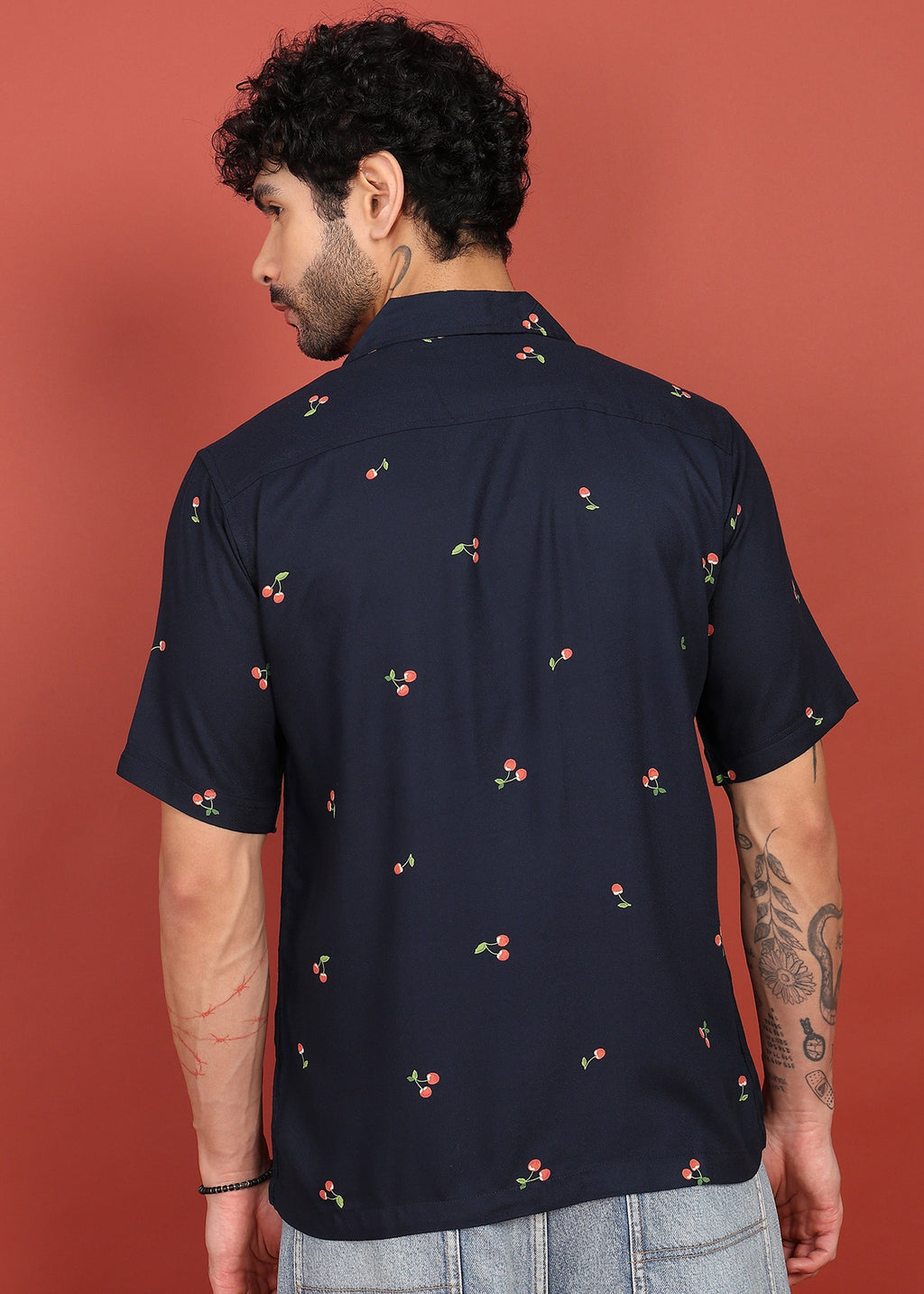 Fabmade Midnight Cherry Printed Cuban Collar Shirt | Grocsy
