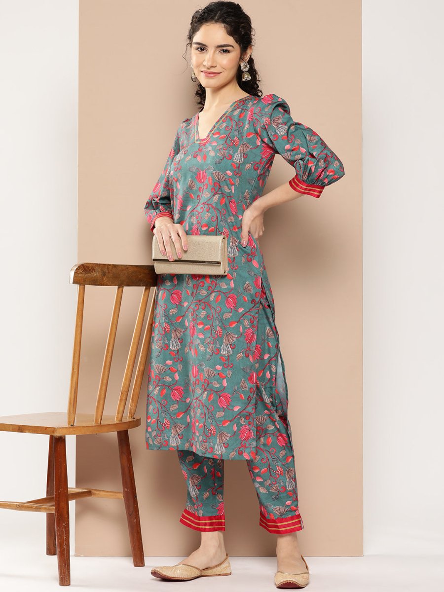 Ahalyaa Women Floral Printed Regular Gotta Patti Kurta with Trousers | Grocsy