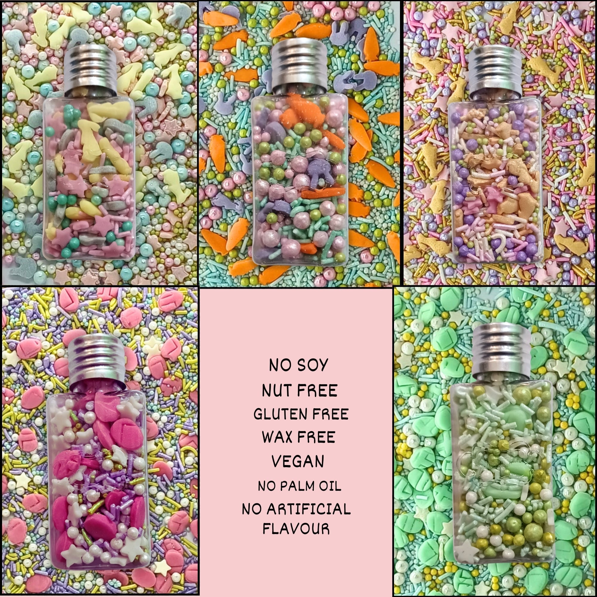 Confect Spring Sprinkles Edible |  Mix Green & Pink Eggs & Yellow & Gold Bunny pack of 5 (EAST 3) - 100Gms | Grocsy