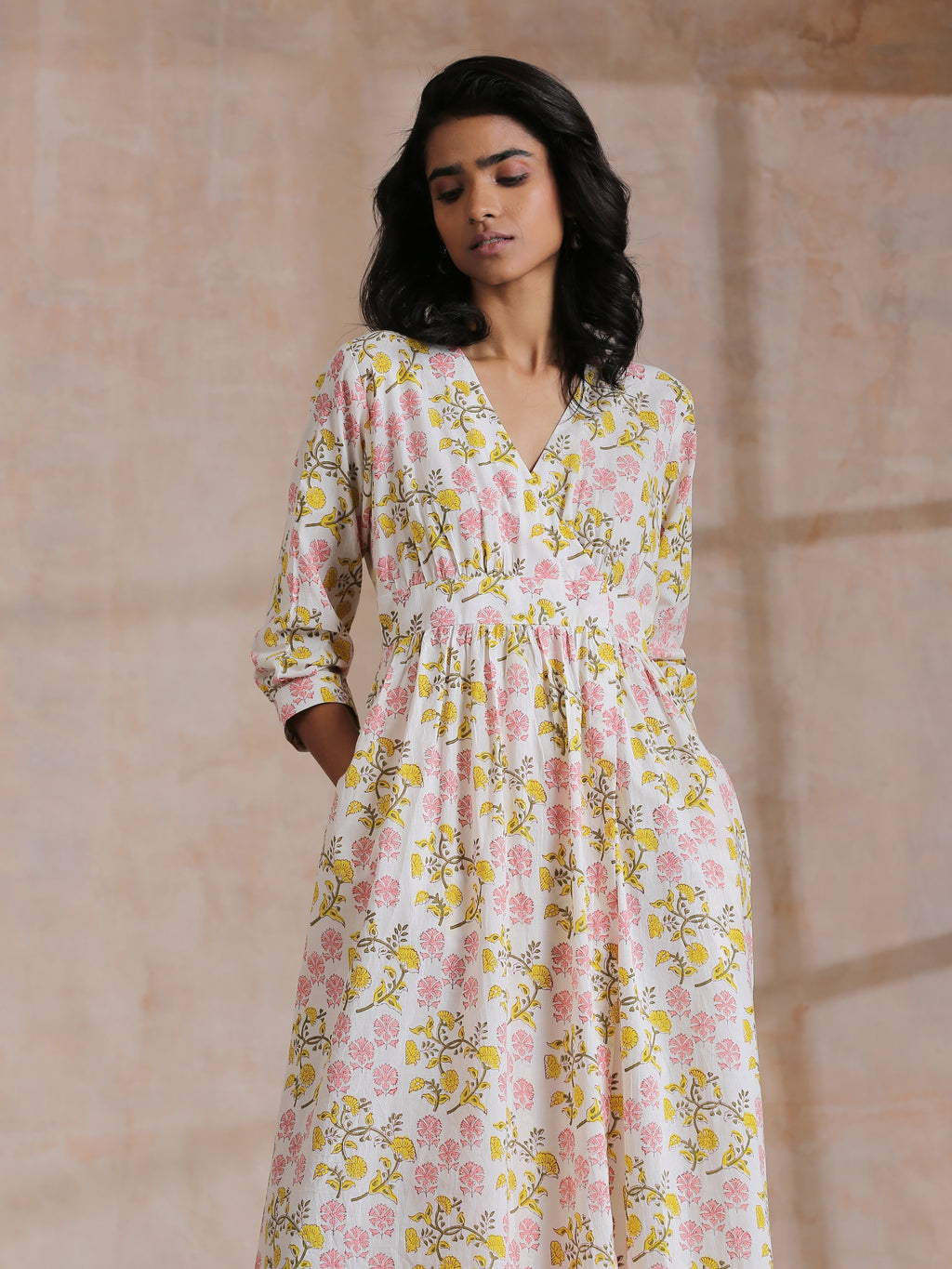 trueBrowns Pink Yellow Floral On White Block Print Cotton Wrap Dress | Relove | Grocsy