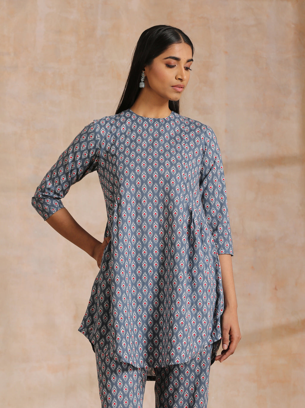 trueBrowns Steel Grey Ikat Print Cotton Gathers Co-Ord Set | Grocsy