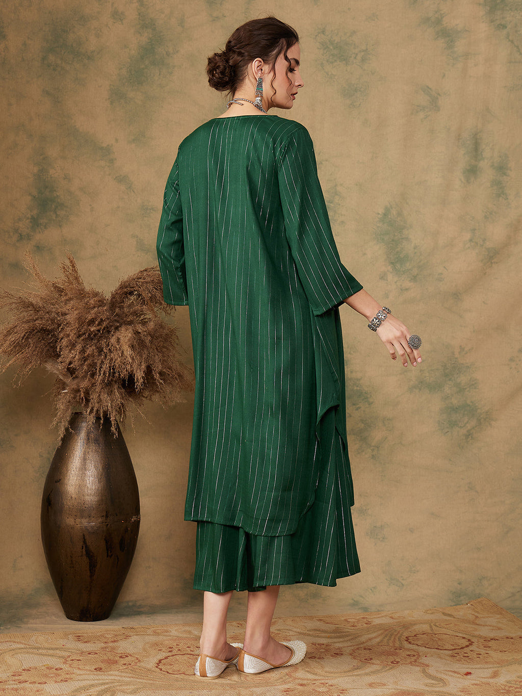 InWeave Women's Pine Green Lurex Flared V Neck Kurta Palazzo Set | Grocsy