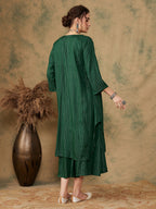 InWeave Women's Pine Green Lurex Flared V Neck Kurta Palazzo Set | Grocsy
