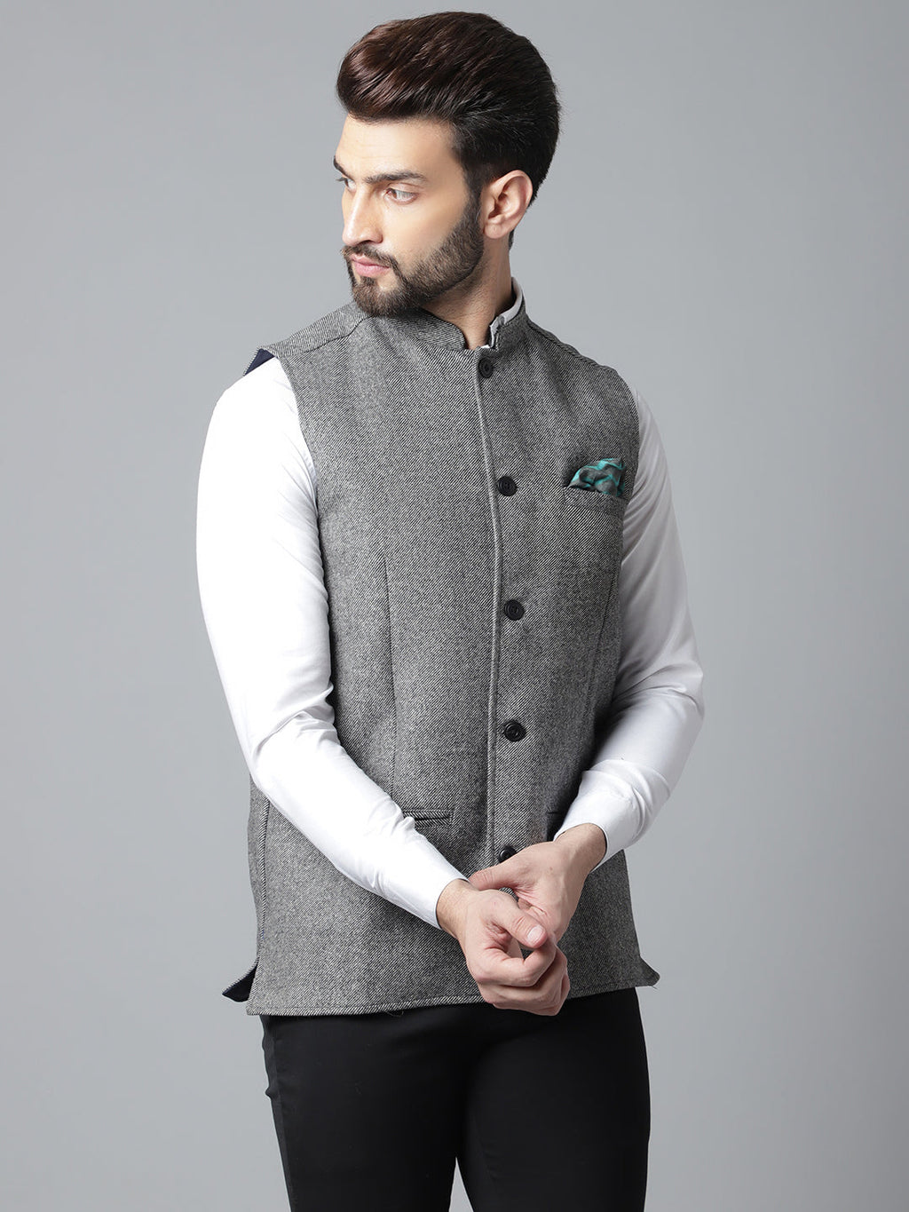 Even Apparels Men's Grey Pure Wool Nehru Jacket | Grocsy