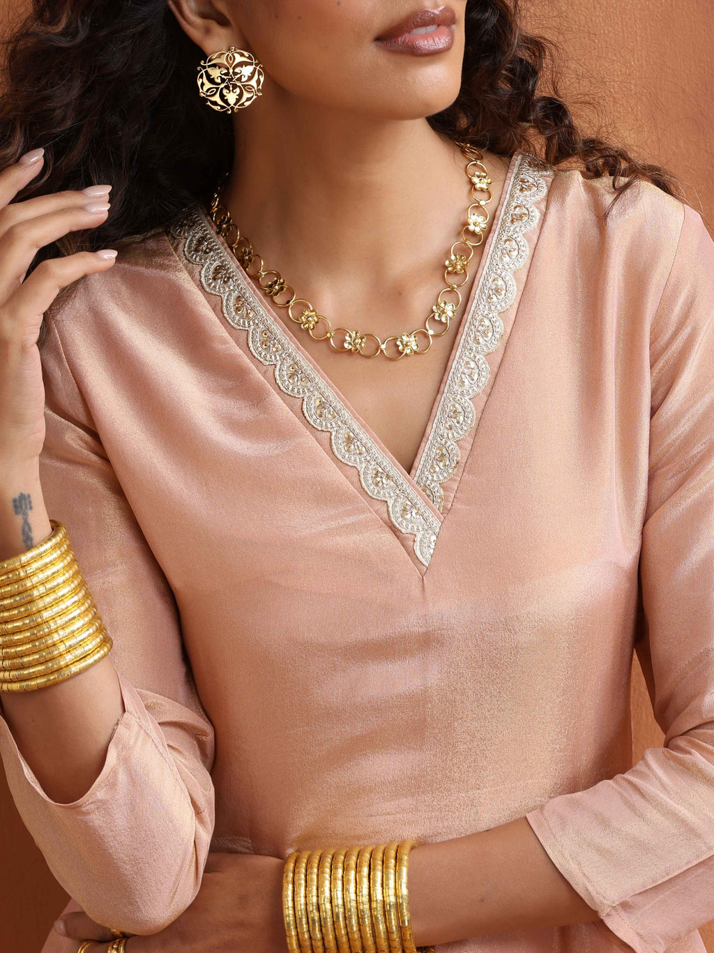 trueBrowns Blush Pink Tissue Flared Anarkali Kurta Set | Grocsy