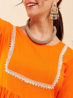 InWeave Women's Orange Round Neck Square Gota Work Kurta Pant Set | Grocsy