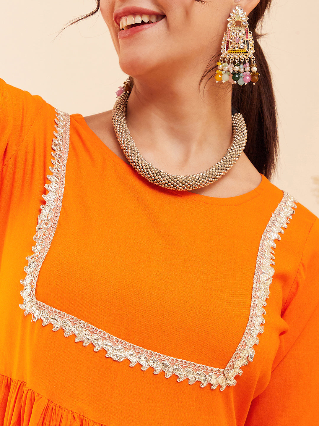 InWeave Women's Orange Round Neck Square Gota Work Kurta Pant Set | Grocsy