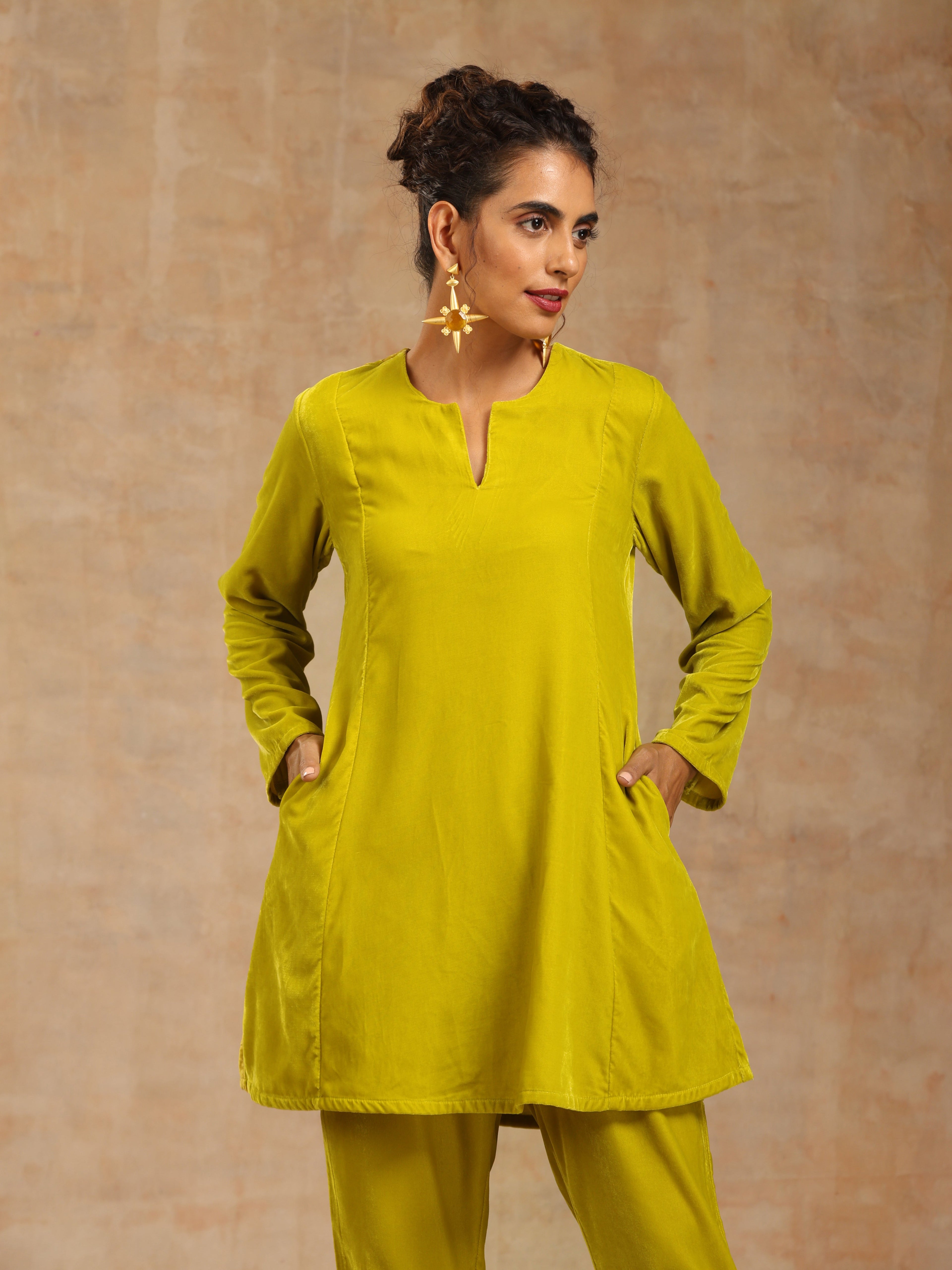 trueBrowns Lime Velvet Solid Co-ord Set | Grocsy