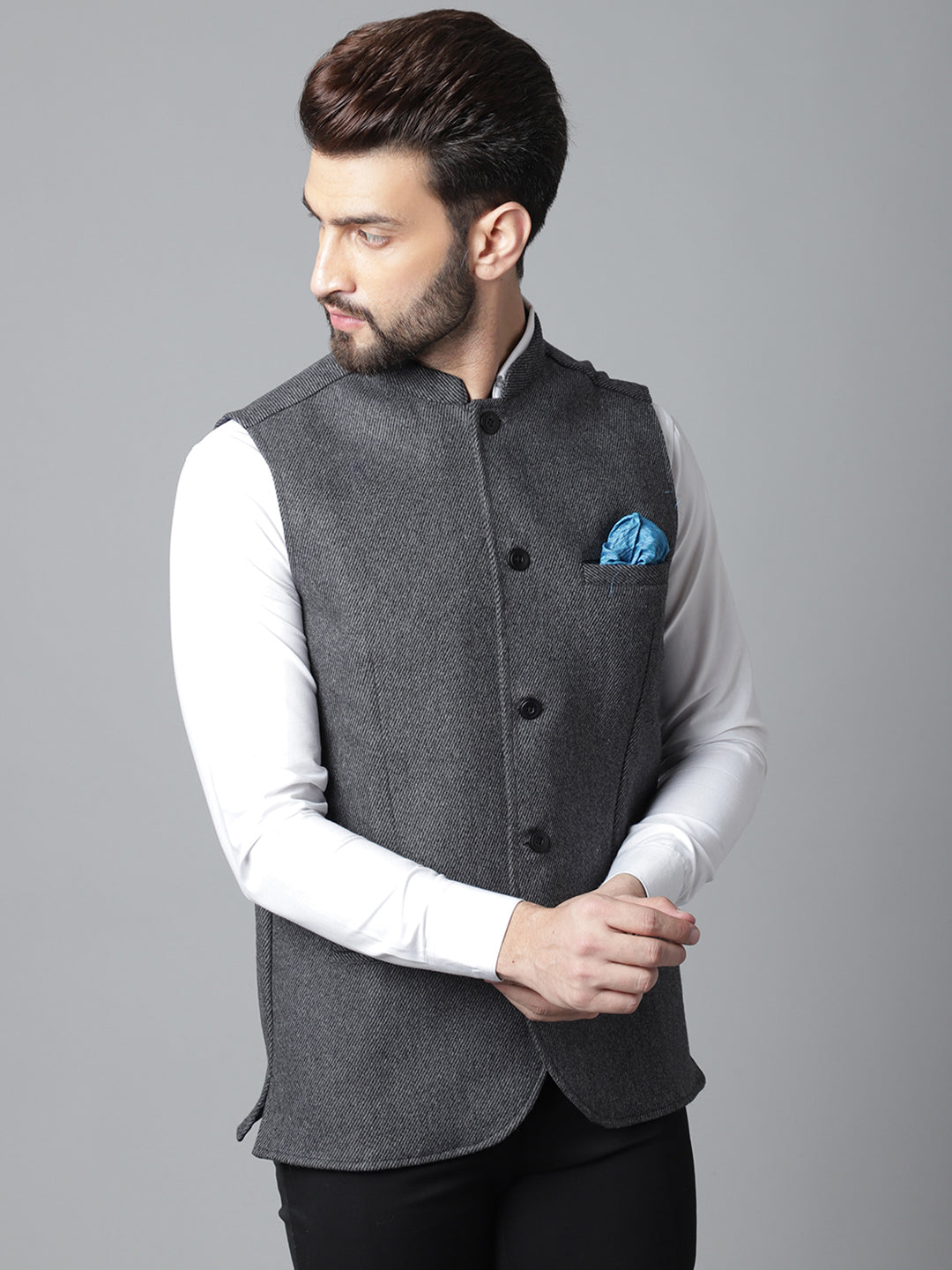 Even Apparels Men's Grey Pure Wool Nehru Jacket | Grocsy