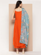 InWeave Women's Orange Strappy Set With Blue Chinnon Print Silk Dupatta | Grocsy