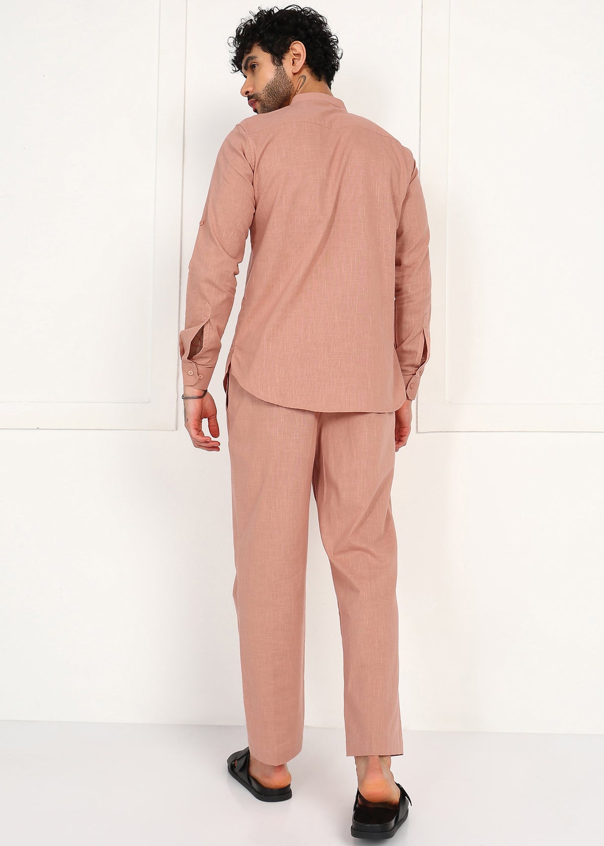 Fabmade Men’S Peach Linen Short Kurta Set | Grocsy