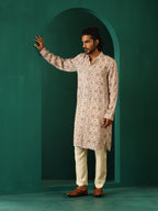 trueBrowns Men's Off White Circle Floral Muslin Silk Printed Long Kurta | Grocsy